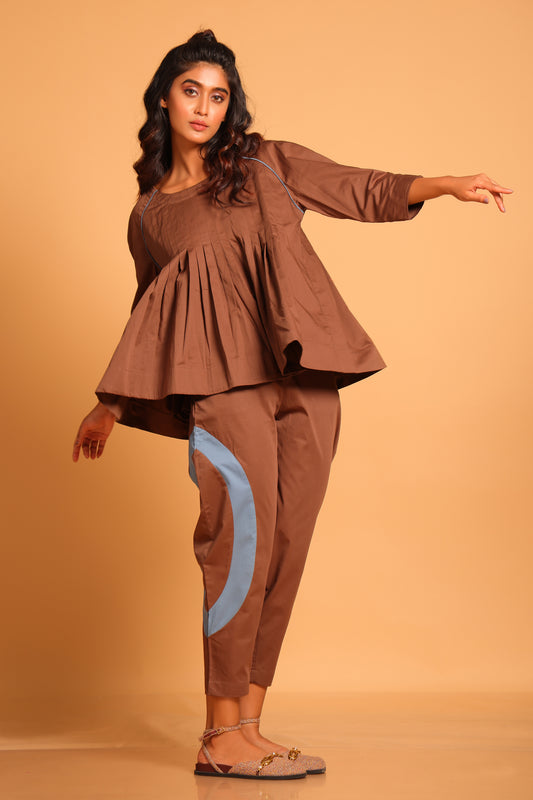 Casual Chic Cotton Pleated Ensemble Co-ord Set - Brown(Rain Drum)