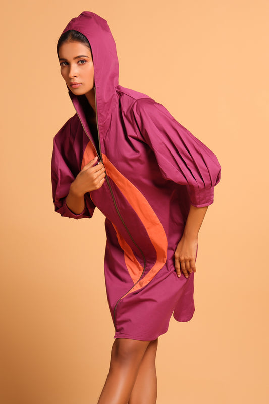 Trendy Cotton Hooded Jacket Dress - Purple(Amaranth)
