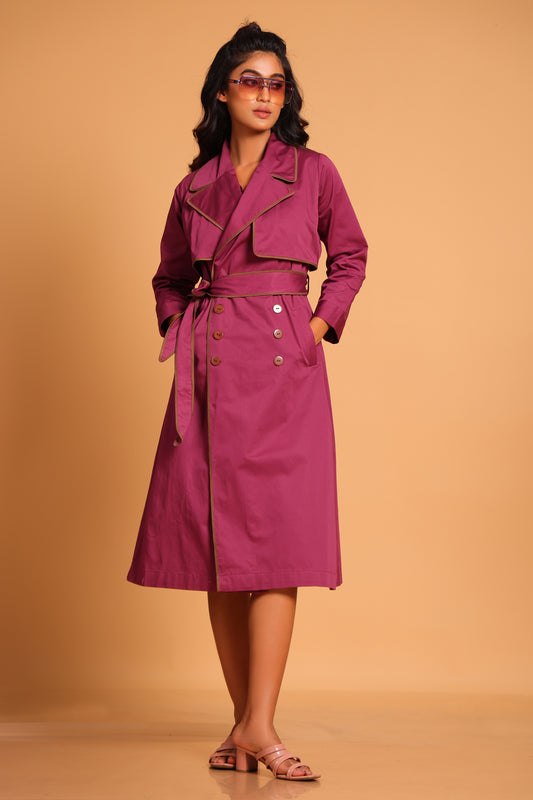Chic Cotton Trench Coat Set - Purple(Amaranth)