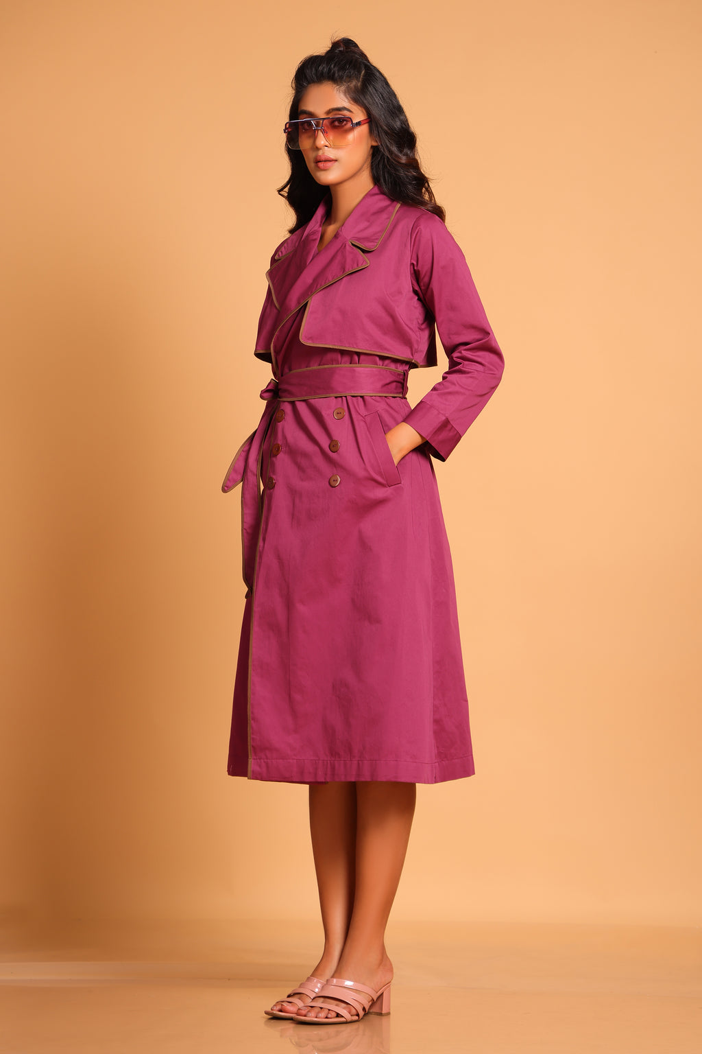 Chic Cotton Trench Coat Set - Purple(Amaranth)