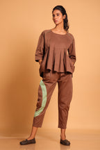 Casual Chic Cotton Pleated Ensemble Co-ord Set - Brown 2