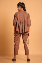Casual Chic Cotton Pleated Ensemble Co-ord Set - Brown 2